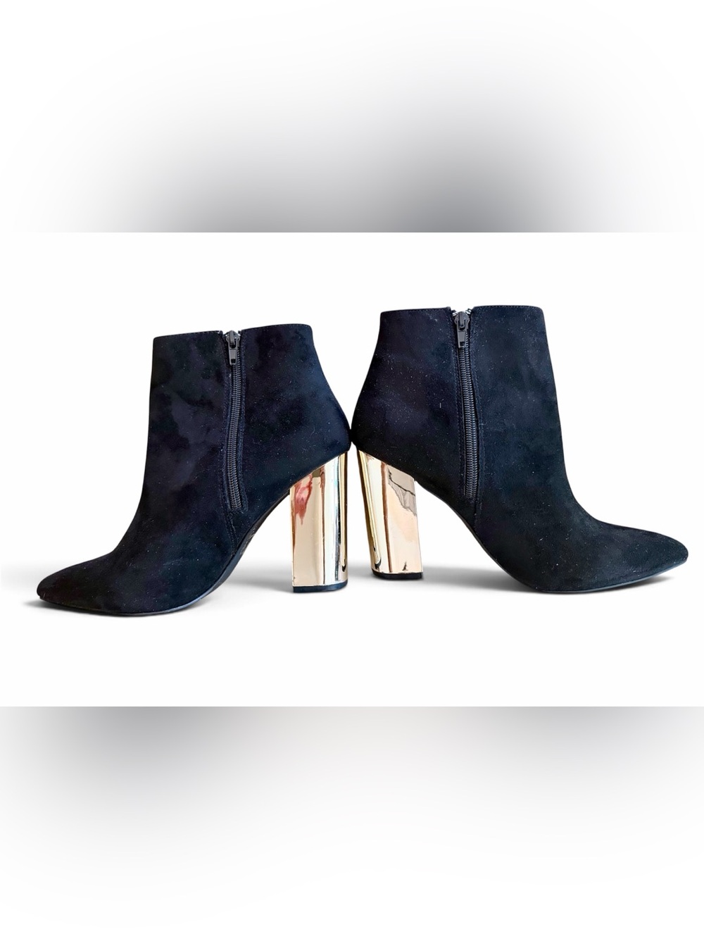 Boutique Ankle Booties Gold Mirror Block Heel Faux Black Suede Women’s Size 9